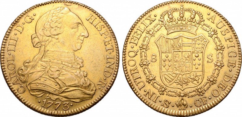 Spain, Kingdom. Carlos III (1759-1788) AV 8 Escudos. Sevilla (Seville) mint, 177...
