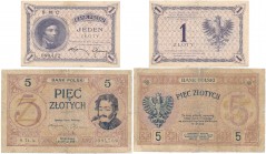 Banknotes
POLSKA / POLAND / POLEN / PAPER MONEY / BANKNOTE

1 zloty 1919 S.81.C. i 5 zlotych 1919 S.74.A. set 2 banknotes 

1 złoty 28.02.1919, s...