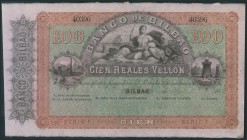 100 Reales de Vellón. 21 de Agosto de 1957. Banco de Bilbao. Serie F y sin firmas. (Edifil 2017: 143). Raro. SC-.