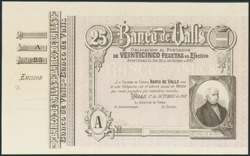 25 Pesetas. 1 de Abril de 1892. Banco de Valls. Serie C. (Ruiz y Alentorn: 927)....