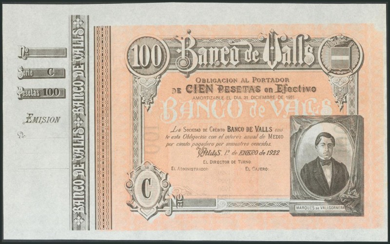 100 Pesetas. 1 de Abril de 1892. Banco de Valls. Serie C. (Ruiz y Alentorn: 927)...