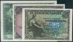 25 Pesetas y 50 Pesetas emitidos el 24 de Septiembre de 1906 con las series B y A, respectivamente y el 100 pesetas emitido el 30 de Junio de 1906 con...