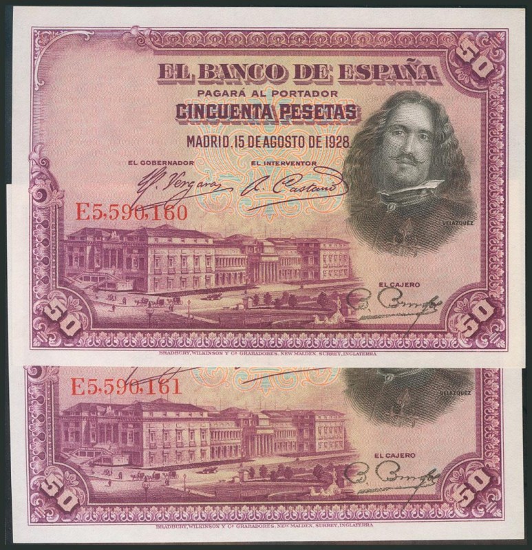 50 Pesetas. 15 de Agosto de 1928. Pareja correlativa. Serie E. (Edifil 2017: 354...