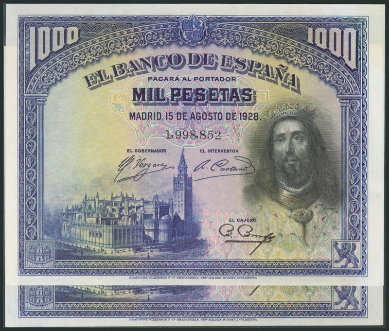 1000 Pesetas. 15 de Agosto de 1928. Pareja correlativa. Sin serie. (Edifil 2017:...