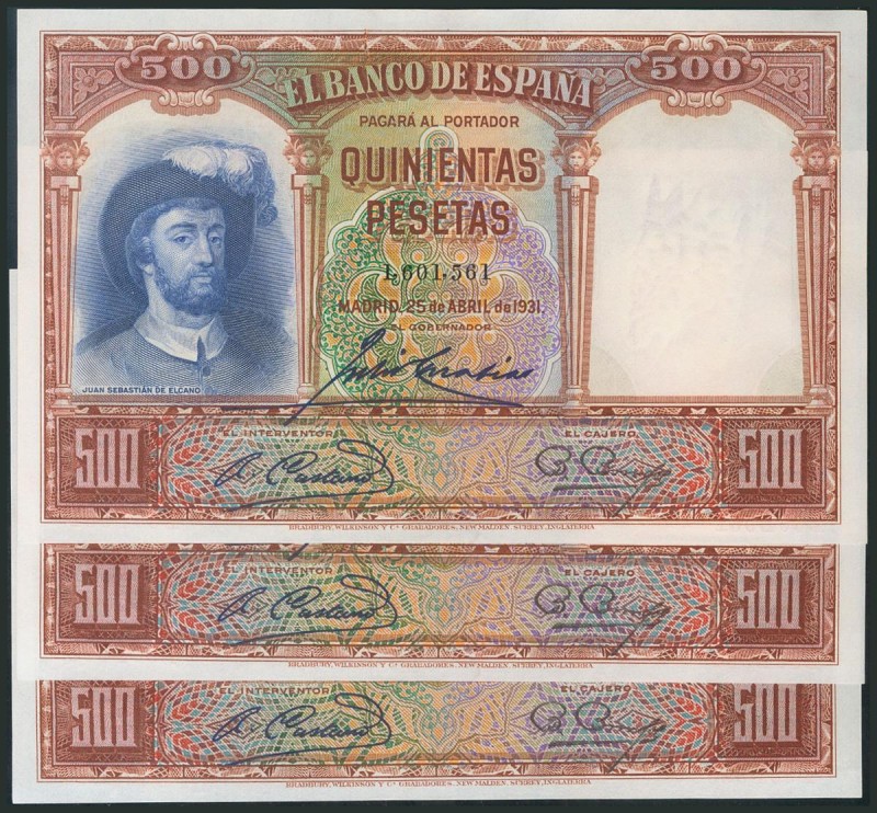 500 Pesetas. 25 de Abril de 1931. Trío correlativo. Sin serie. (Edifil 2017: 361...
