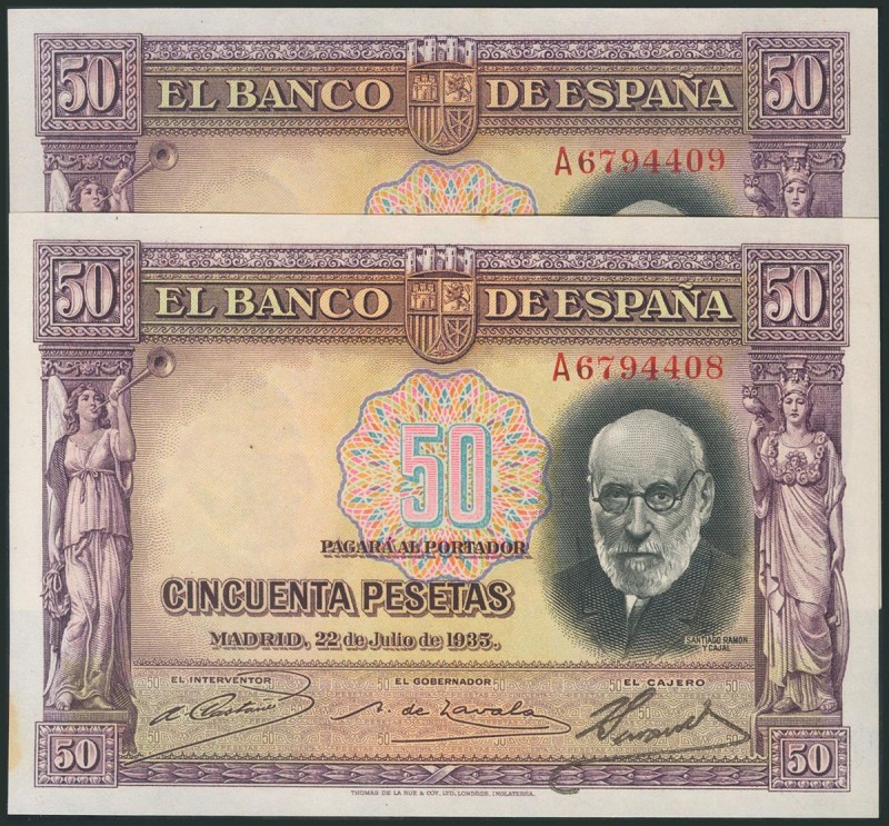 50 Pesetas. 22 de Julio de 1935. Pareja correlativa. Serie A. (Edifil 2017: 366a...
