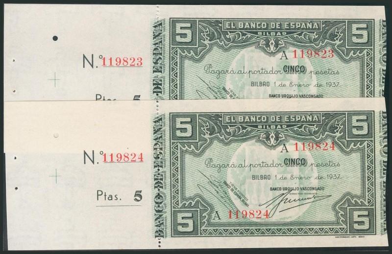 5 Pesetas. 1 de enero 1937. Pareja correlativa. Antefirma del Banco Urquijo Vasc...