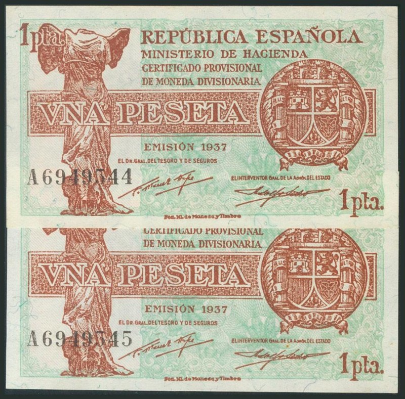 1 Peseta. 1937. Pareja correlativa. Serie A. (Edifil 2017: 392). SC-.