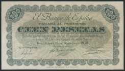 100 Pesetas. 15 de Agosto de 1938. Billete Provisional por 2 años no emitido del Banco de España, Barcelona. Sin serie. (Edifil 2017: NE37). Estaba pr...