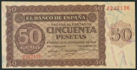 50 Pesetas. 21 de Noviembre de 1956. Serie J. (Edifil 2017: 420a). EBC.