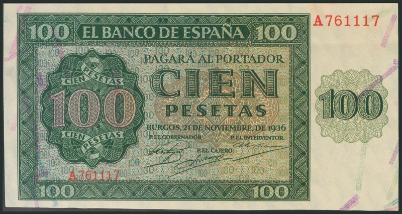 100 Pesetas. 21 de Noviembre de 1936. Serie A. (Edifil 2017: 421). SC-.
