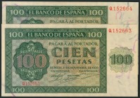 100 Pesetas. 21 de Noviembre de 1936. Banco de España, Burgos. Serie Q. Pareja correlativa. (Edifil 2017: 421a). Apresto original. EBC+.