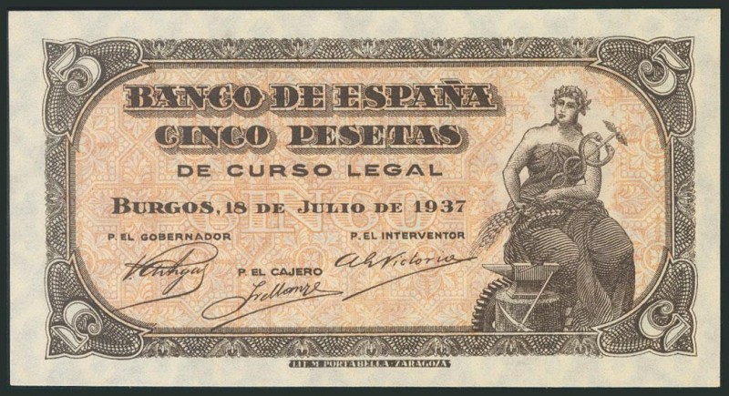 5 Pesetas. 18 de Julio de 1937. Sin serie. (Edifil 2017: 424). Apresto original....