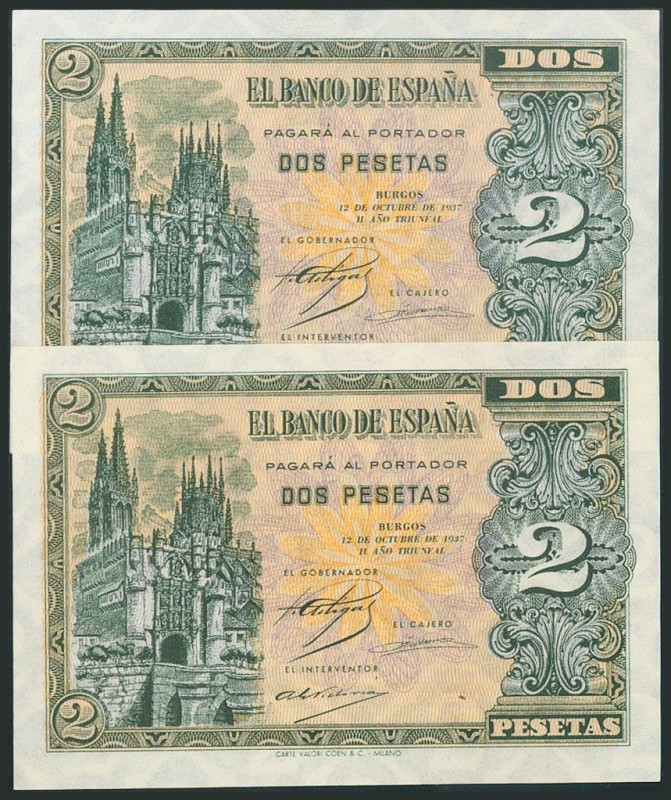 2 Pesetas. 12 de Octubre de 1937. Pareja correlativa. Serie A. (Edifil 2017: 426...