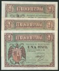 Conjunto de 3 billetes de 1 Peseta emitidos el 28 de Febrero de 1938, con las series D, E y F. (Edifil 2017: 427a). SC.