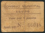 AGUDO (CIUDAD REAL). 1 Peseta. Agosto 1937. (González: 83). Muy raro. RC.