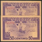 ALBACETE. 50 Céntimos. 8 de Noviembre de 1937. Pareja correlativa. Tampón "Nulo solamente para coleccionistas". Serie B. (González: 131). SC.