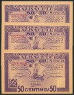 ALBACETE. 50 Céntimos. 8 de Noviembre de 1937. Trío correlativo. Tampón "Nulo solamente para coleccionistas". Serie B. (González: 131). SC.