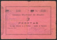 ALCAÑIZ (TERUEL). 2 Pesetas. Febrero 1937. (González: 296). Inusual. BC.