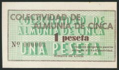 ALMUNIA DE CINCA (HUESCA). 1 Peseta. (1938ca). Numeración muy baja. (González: 630). Raro. EBC.