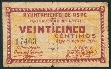 ASPE (ALICANTE). 25 Céntimos. 15 de Agosto de 1937. (González: 788). Inusual. RC.