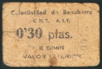 BENABARRE (HUESCA). 30 Céntimos. (1938ca). (González: 978). Muy raro. RC.