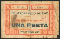 COX (ALICANTE). 1 Peseta. 10 de Marzo de 1937. (González: 2077). Muy raro, billete cosido. BC.