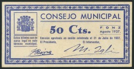 FONZ (HUESCA). 50 Céntimos. Agosto de 1937. (González: 2477). EBC.