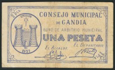 GANDIA (VALENCIA). 1 Peseta. 1937. Serie A. (González: 2611). MBC+.
