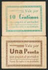 SABIOTE (JAEN). 10 Céntimos y 1 Peseta. (1938ca). (González: 4617, 4620). Rarísimos, para hacernos idea de la rareza, el 10 Céntimos no está fotografi...