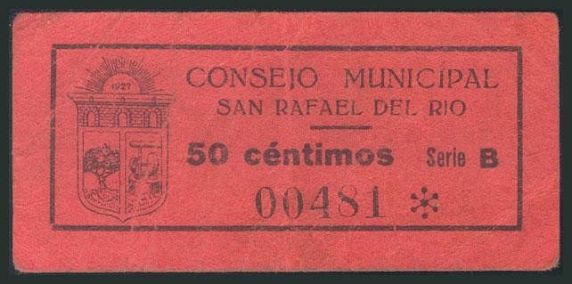 SAN RAFAEL DEL RIO (CASTELLON). 50 Céntimos. (1938ca). Serie B. (González: 4703)...