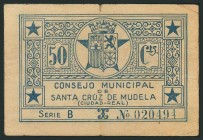 SANTA CRUZ DE MUDELA (CIUDAD REAL). 50 Céntimos. 1937. Serie B. (González: 4731). Inusual. MBC.