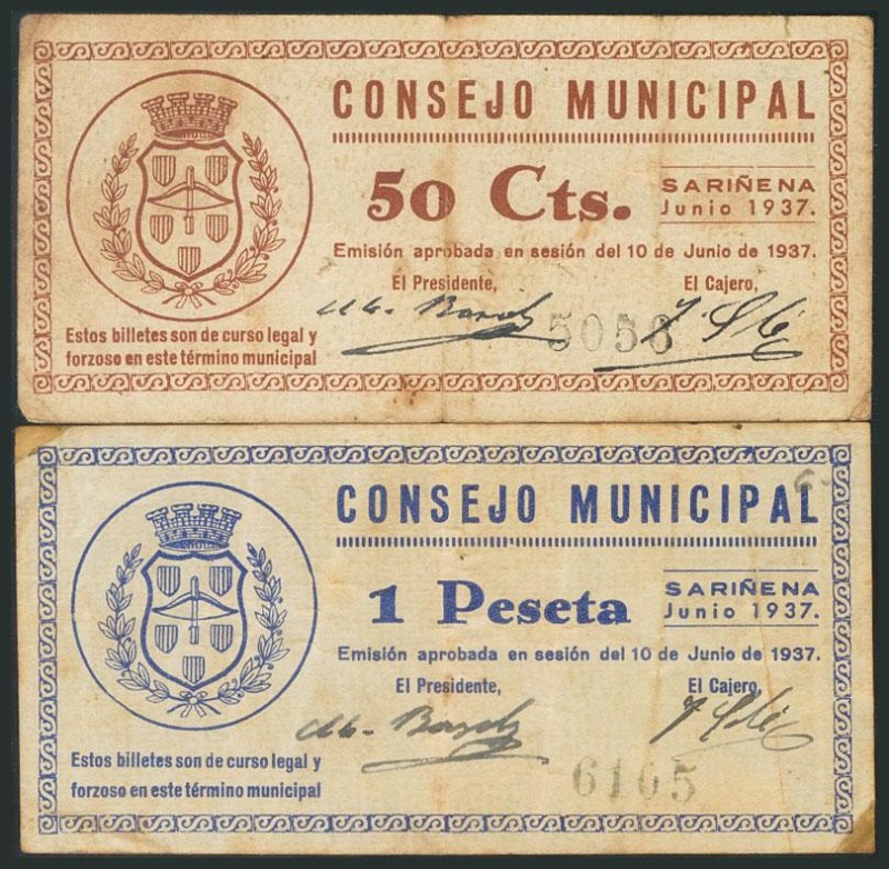 SARIÑENA (HUESCA). 50 Céntimos y 1 Peseta. 10 de Mayo de 1937. (González: 4785/8...