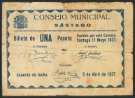 SASTAGO (ZARAGOZA). 1 Peseta. 5 de Abril de 1937. Serie C. (González: 4794). Inusual. MBC-.