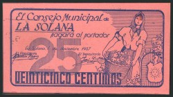 LA SOLANA (CIUDAD REAL). 25 Céntimos. 1 de Noviembre de 1937. (González: 4888). Inusual. EBC.