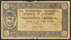 SUECA (VALENCIA). 25 Céntimos. 1 de Junio de 1937. Serie A. (González: 4929). RC.