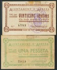 ABRERA (BARCELONA). 25 Céntimos y 1 Peseta. Mayo 1937. (González: 6005/06). Escasos. MBC.