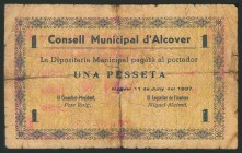 ALCOVER (TARRAGONA). 1 Peseta. 11 de Junio de 1937. (González: 6147). Raro. RC.