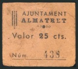 ALMATRET (LERIDA). 25 Céntimos. (1938ca). (González: 6211). Muy raro. BC.