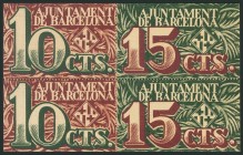BARCELONA. 10 Céntimos (2) y 15 Céntimos (2) (impreso en bloques de 4 billetes, dos de 10 cts y dos de 15 cts). 2 de Diciembre de 1937. Serie A y B, r...