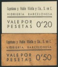 BARCELONA. 20 Céntimos y 50 Céntimos. (1938ca). Vidriera Barcelonesa de Cayetano y Pablo Vilella. (González: 6635, 6637). SC/MBC.