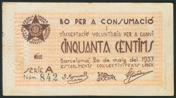 BARCELONA. 50 Céntimos. 20 de Mayo de 1937. Serie A. (González: 6714). Inusual. EBC-.