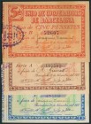 BARCELONA. Conjunto de 3 billetes de 5 Pesetas (azul, marrón y rojo). 21 de Noviembre de 1937. Series A, B y sin serie, respectivamente. (González: 68...
