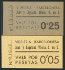 BARCELONA. Serie completa de 5 Céntimos y 25 Céntimos. (1938ca). Vidriera Barcelonesa Juan y Cayetano Vilella. (González: 6890/91). EBC/MBC.