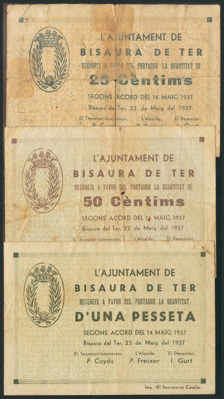 BISAURA DE TER (BARCELONA). 25 Céntimos, 50 Céntimos y 1 Peseta. 22 de Mayo de 1...
