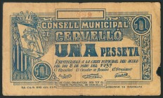 CERVELLO (BARCELONA). 1 Peseta. 8 de Mayo de 1937. (González: 7553). RC.