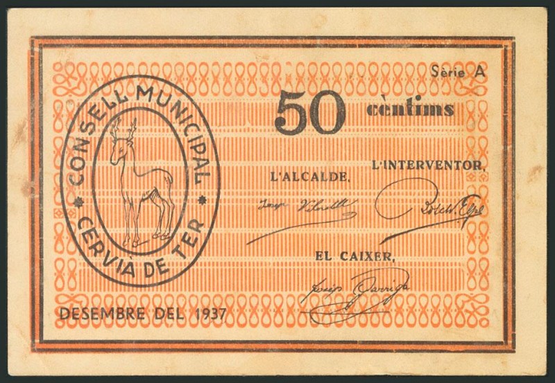 CERVIA DE TER (GERONA). 50 Céntimos. Diciembre 1937. (González: 7593). Escaso. M...