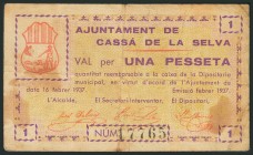 CASSA DE LA SELVA (GERONA). 1 Peseta. 16 de Febrero de 1937. Sin serie. (González: 7408). BC.