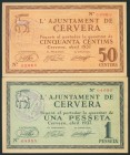 CERVERA (LERIDA). 50 Céntimos y 1 Peseta. Abril 1937. (González: 7556/57). SC.