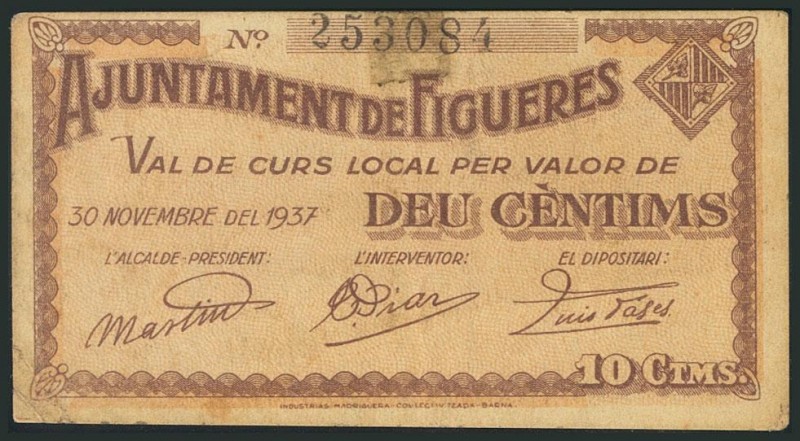 FIGUERES (GERONA). 10 Céntimos. 30 de Noviembre de 1937. (González: 7852). MBC....